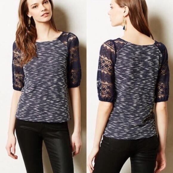Anthropologie Postmark Patel Tweed Lace Sleeve Shirt Navy Women Medium - Picture 1 of 10
